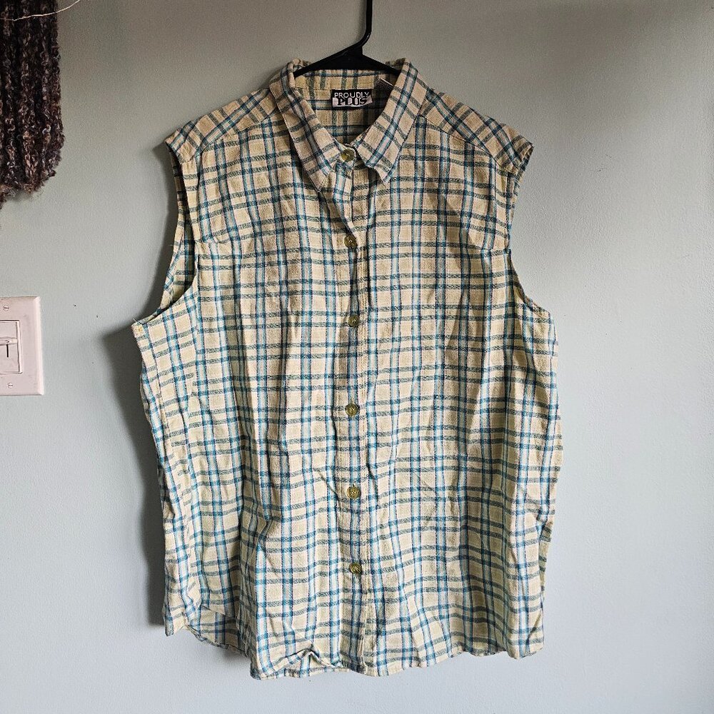 Proudly Plus Checkered Sleeveless Button Up Size 20W Linen/Cotton Blend
